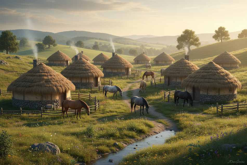 hut village with horses 