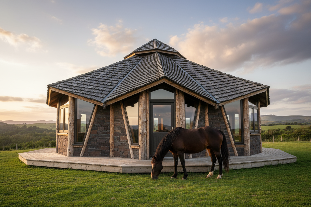 octigan hut house with a horse outside