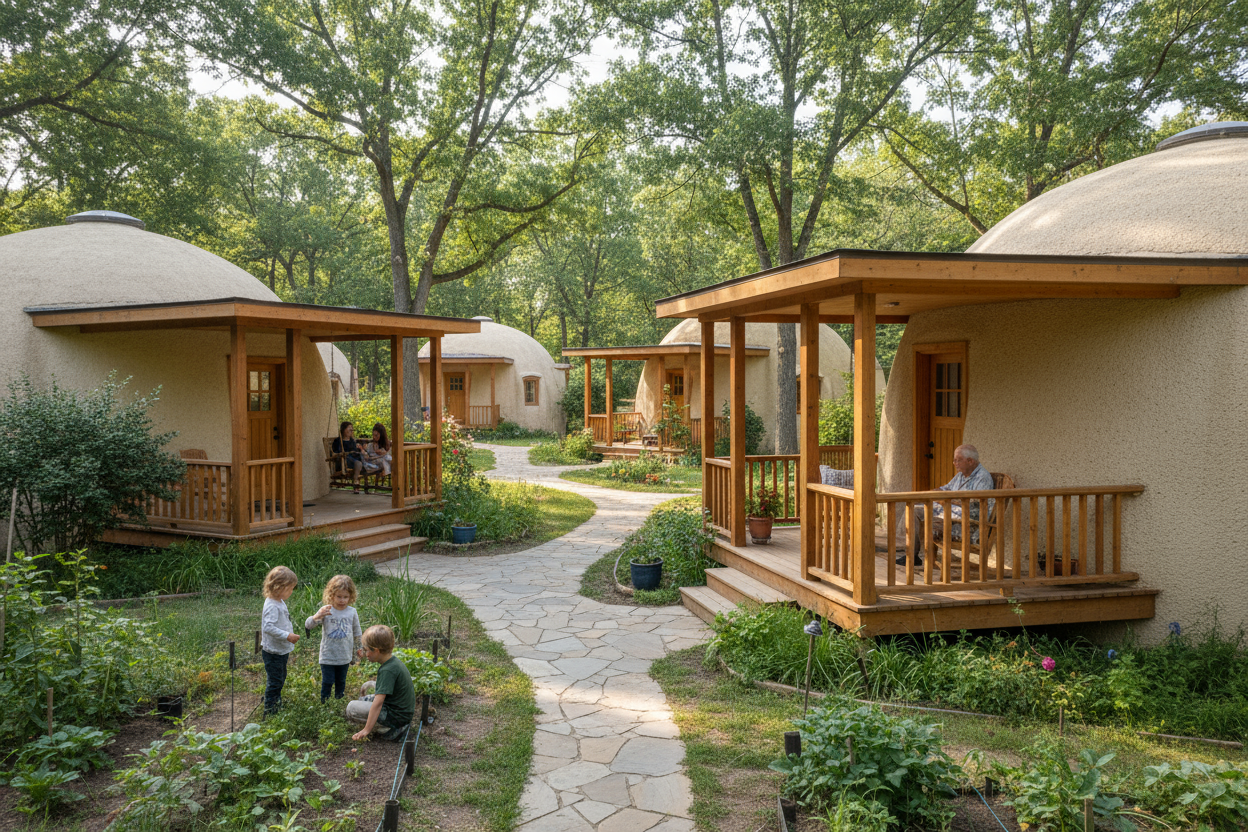 People Living in a Aircrete Hut home Village, each hut is about 1000 sqft with a nice wrap around porch. They are build out of aircrete and wood, aircrete being a primary wall and filler material