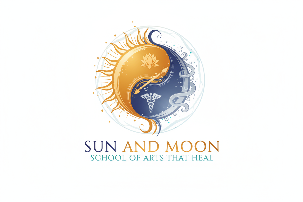 Sun and Moon School Of Arts That Heal Logo with yin yang 